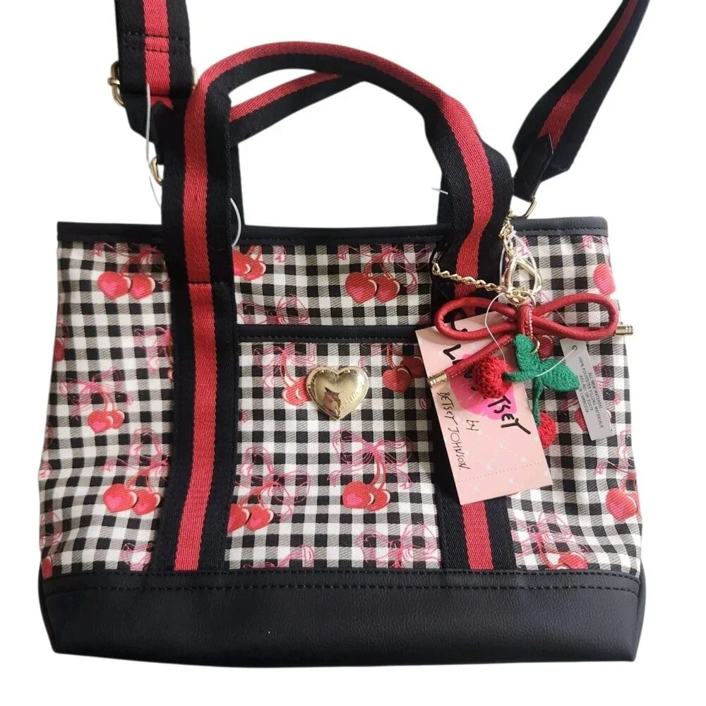 Betsey Johnson Cherry Gingham Tote Bag Black Red w/ Crossbody Strap NWT